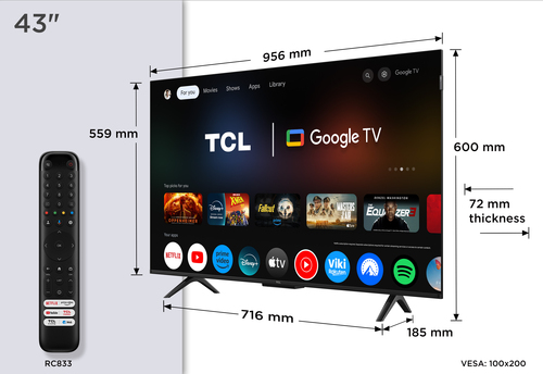 TCL P7K Serie Smart TV QLED 4K 43" 43P7K, Dolby Vision - Atmos, HDR10+, Google TV